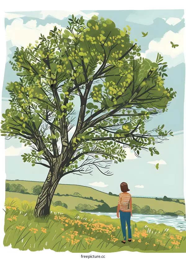 Woman Standing by Tree Near River