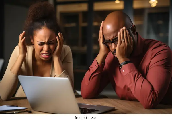 Two business people looking at a laptop with shocked expressions on their faces