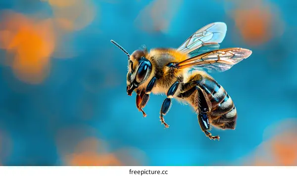 Honey Bee in Flight on Blue Background