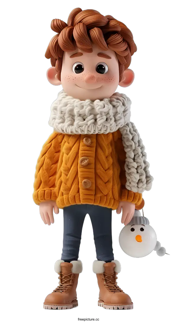 [Transparent Background PNG]3D rendering of a cute cartoon boy wearing a yellow sweater and blue jeans holding a snowman toy