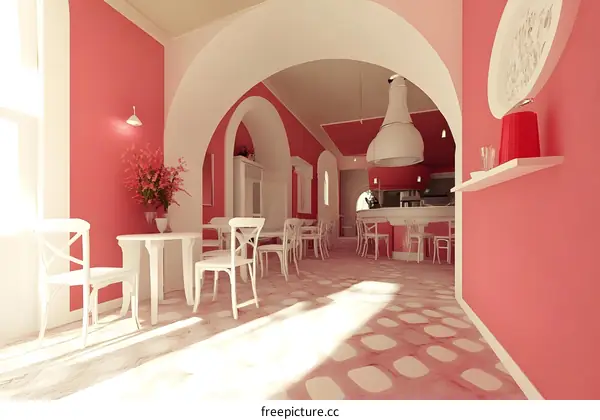 Pink and White Interior Design of a Cafe Restaurant