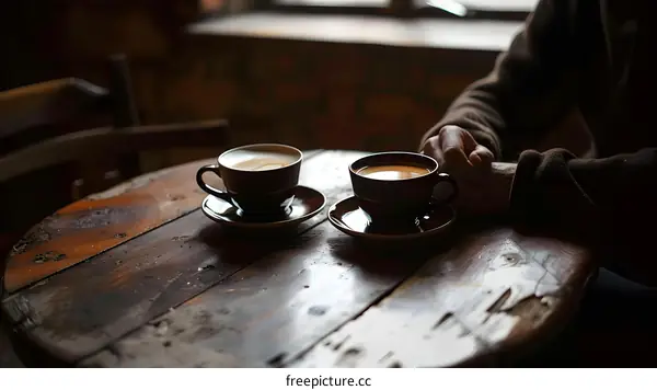 Two Cups of Coffee on Wooden Table with Person in the Background