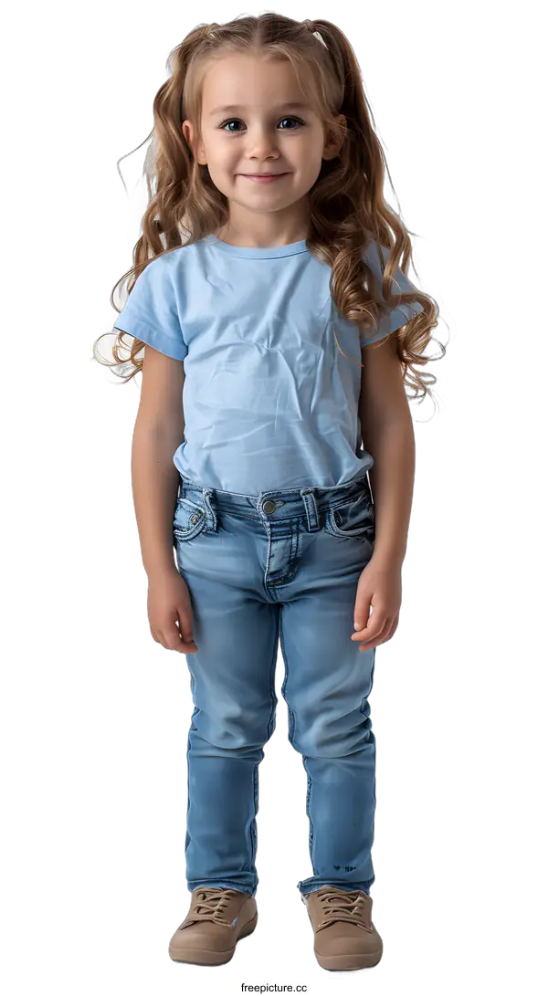 [Transparent Background PNG]Portrait of a cute little girl in blue shirt and jeans