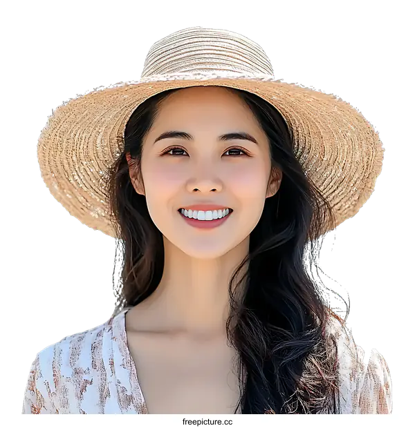 [Transparent Background PNG]Smiling Asian Woman in Straw Hat
