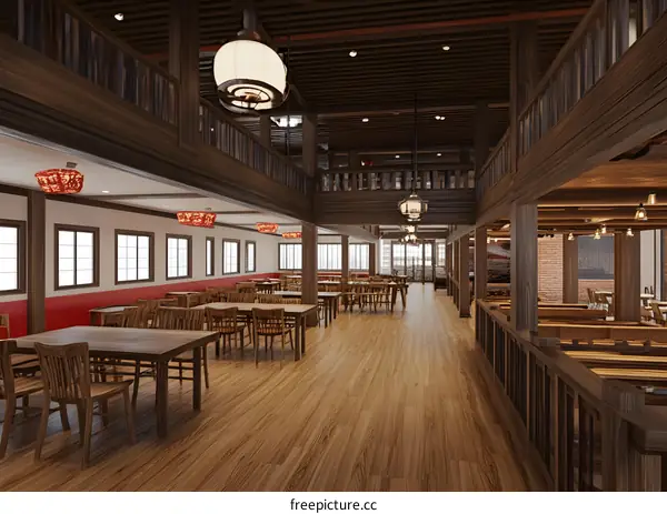 Wooden Interior Design for Restaurant with Red Lanterns