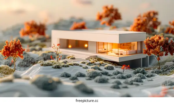 Futuristic house in the middle of a snowy forest