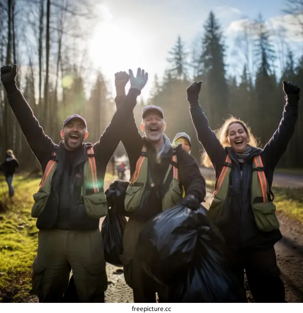 Four volunteers celebrate cleaning up a forest
