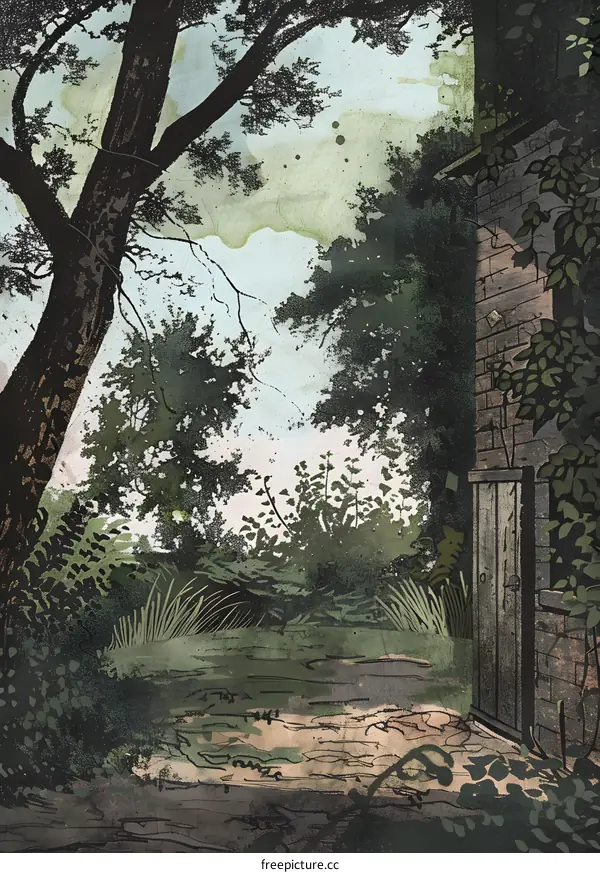 Watercolor Illustration of an Old Stone Building in the Woods
