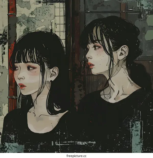 Two Asian Girls Standing Next To Each Other In Front Of A Wall