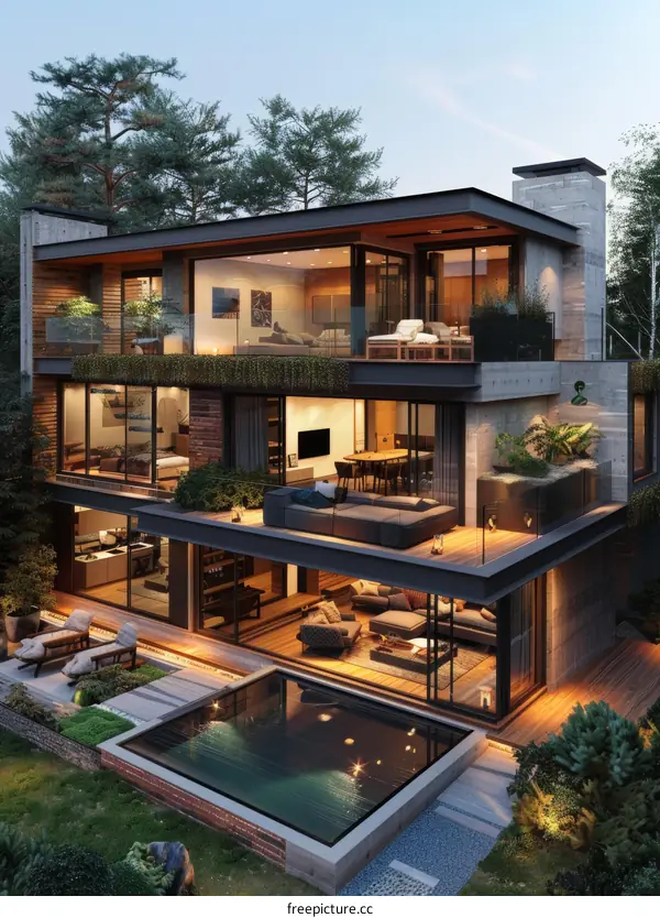 Modern Three Story Home with Pool at Dusk