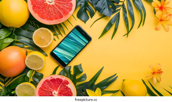 Summer Tropical Fruit Background with Phone