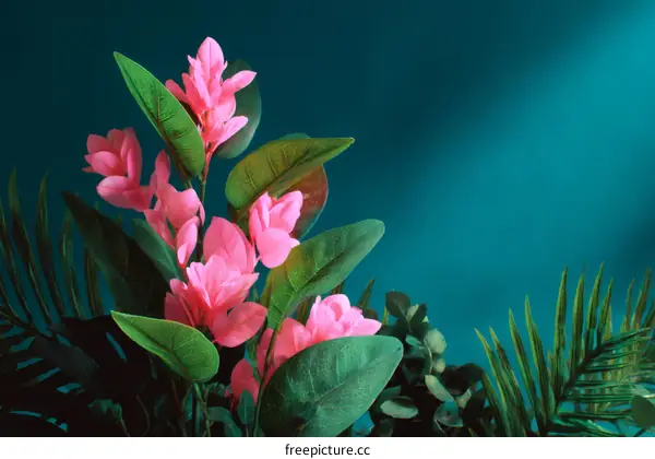 Pink Flowers Arrangement Against Teal Background