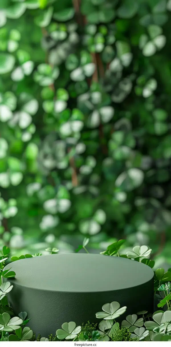 Round stage podium with clovers on green background. 3D rendering.