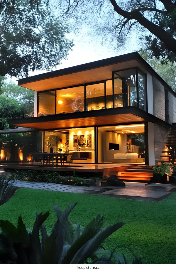 Modern Two Story Glass Home with Large Windows