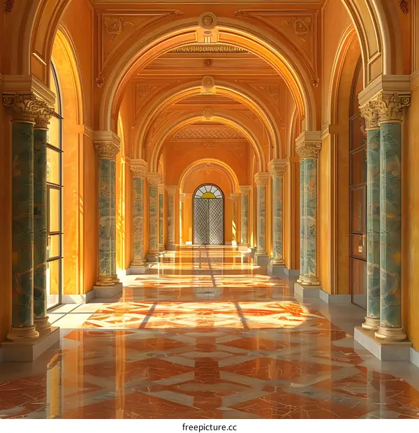 Golden Hallway With Columns And Archways