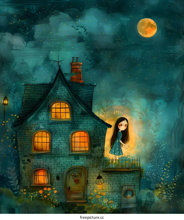 girl standing on the balcony of a house at night