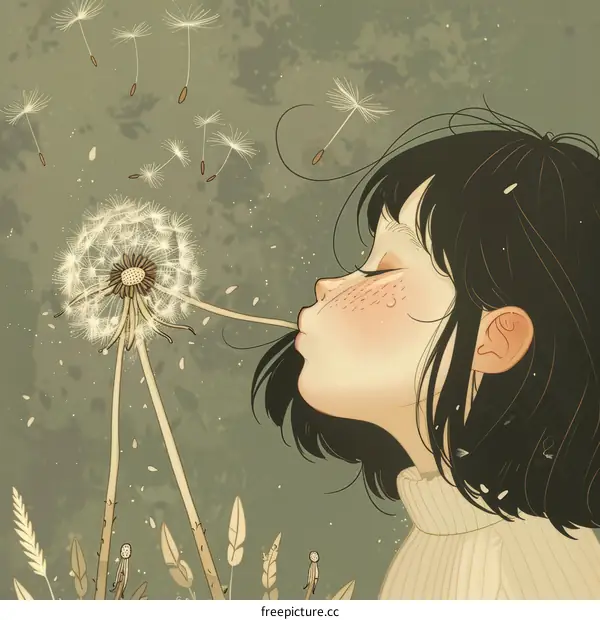 Girl Blowing Dandelion Seeds in the Wind
