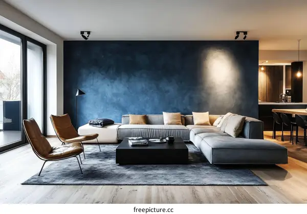 Modern Living Room Interior Design with Dark Blue Wall