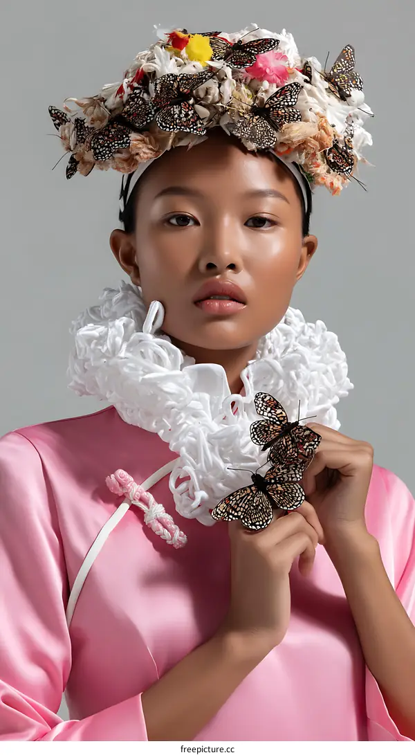 Asian Woman in Exquisite Pink Outfit with Butterfly Headpiece