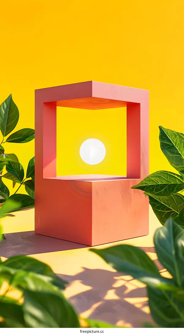 Pink geometric shape with leaves and sunlight