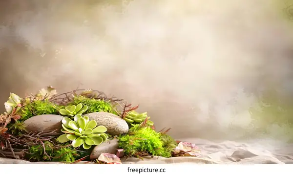 Green Succulents and Stones on a Rustic Background