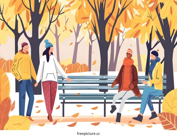 Autumn Park Illustration With Four People