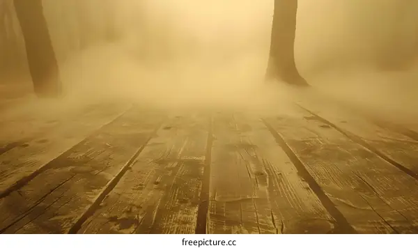 Wooden Plank Path Through Foggy Forest