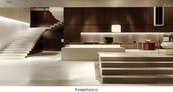 Modern Interior Design with Concrete Staircase and Wooden Wall Panels