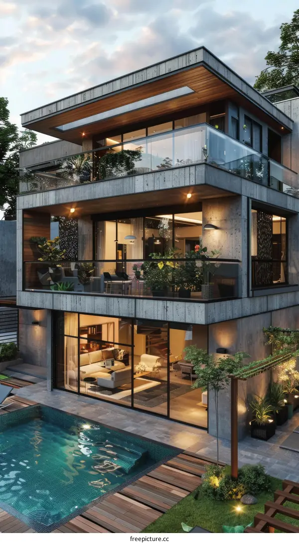 Modern Concrete House with Pool and Garden