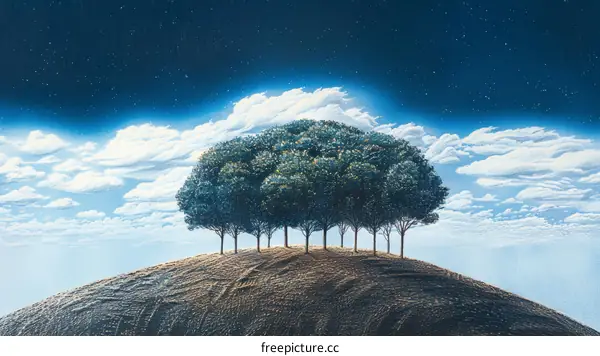 Eight Trees on a Hill Under a Starry Sky