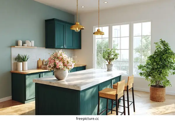 Modern Teal Kitchen with Island and Sunlight