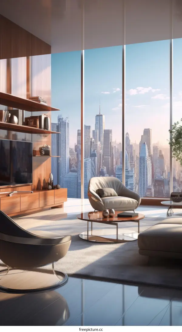 Modern living room interior with floor-to-ceiling windows and a stunning city view