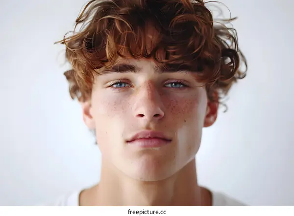 Portrait of a young man with curly red hair and blue eyes