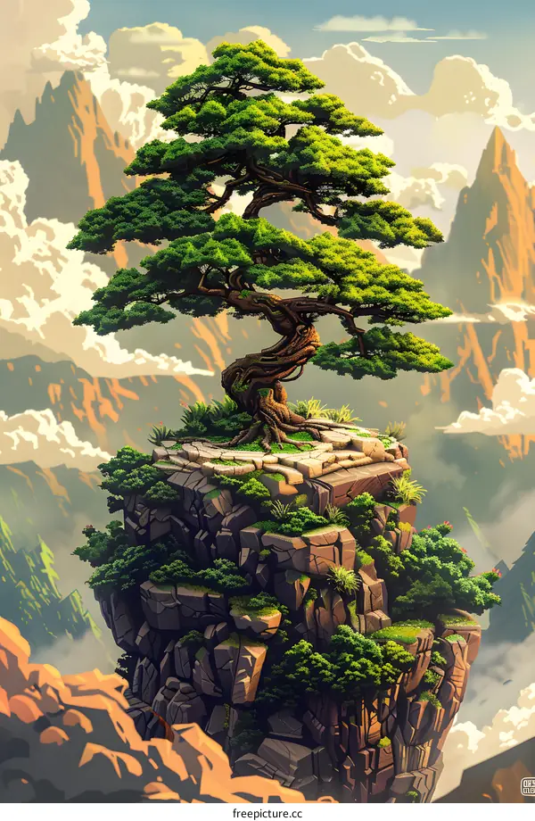 Bonsai Tree on a Clifftop with Mountains in the Background