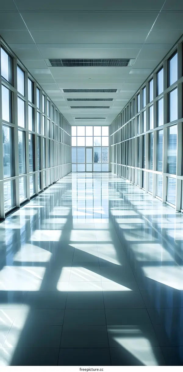Modern Office Building Interior with Large Windows and Tiled Floor