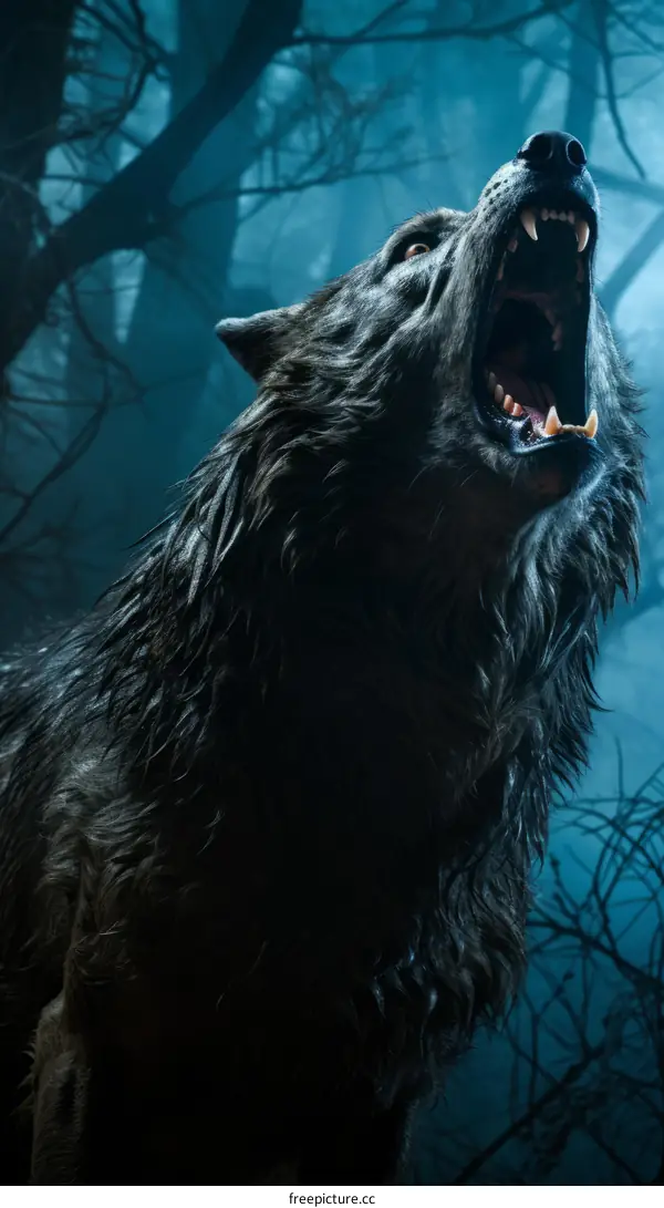 A wolf howls in the forest at night