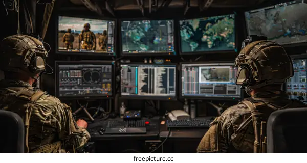 Military Control Room: Soldiers Monitoring Screens