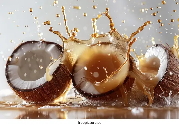 Coconut halves and coconut water splashing