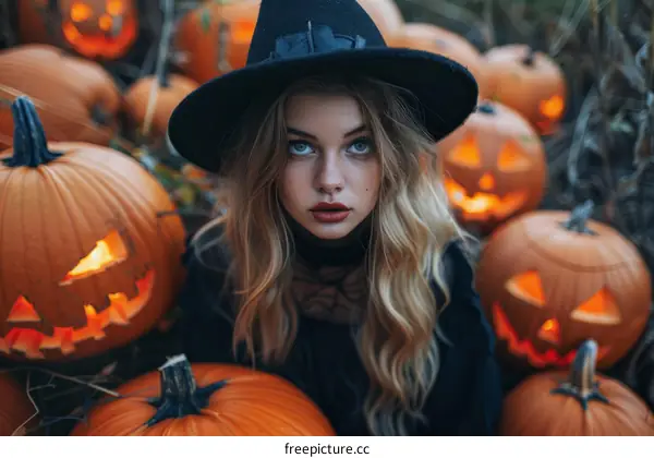 Alluring Witch Surrounded by Glowing Pumpkins in a Bewitching Autumn Scene