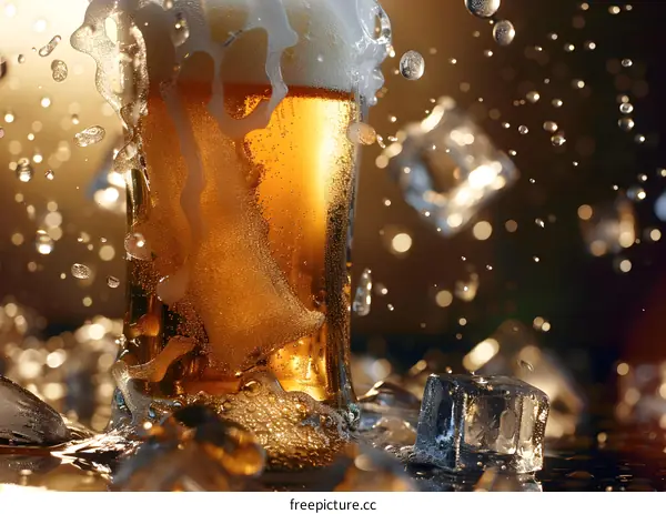 Glass of Beer with Ice Cubes and Water Droplets