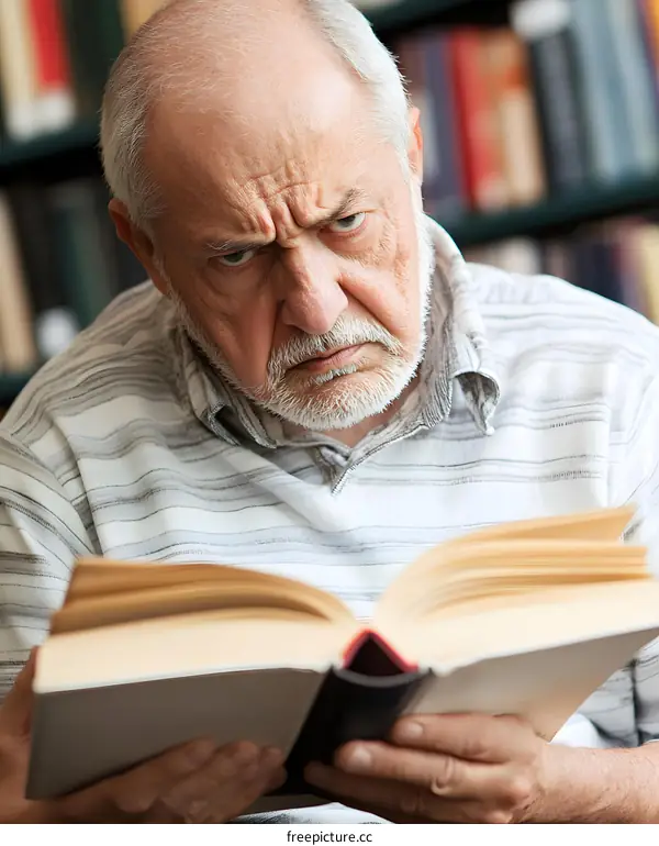 Senior Man Reading Book in Library