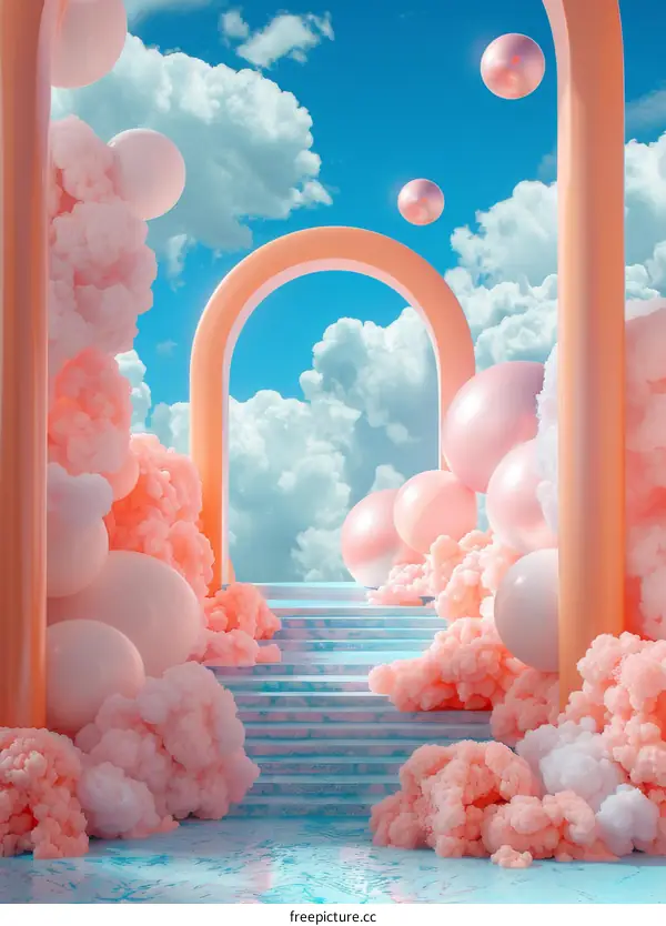 3D Illustration of Pink Clouds, Arches, and Stairs Against a Blue Sky Background