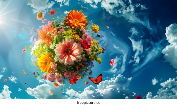Colorful Flowers Bouquet With Blue Sky Background
