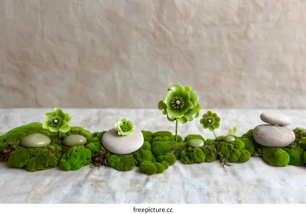 Green Flowers and Stones on Mossy Surface