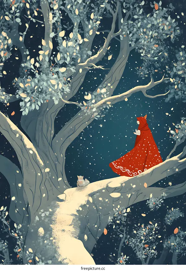 Girl in Red Cape Standing on Tree Branch in Snowy Forest