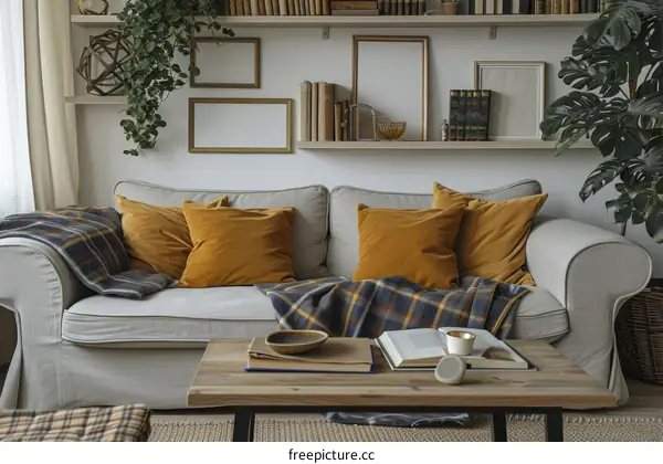 A cozy living room with a couch, coffee table, and bookshelves