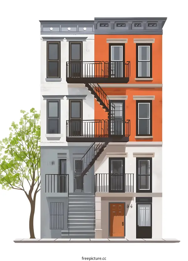 Exterior Illustration of a City Building With a Tree