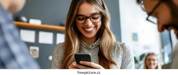 Smiling Woman Using Smartphone with Colleagues in Office
