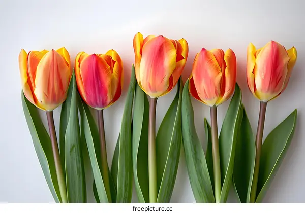 Five Orange and Yellow Tulips on a White Background