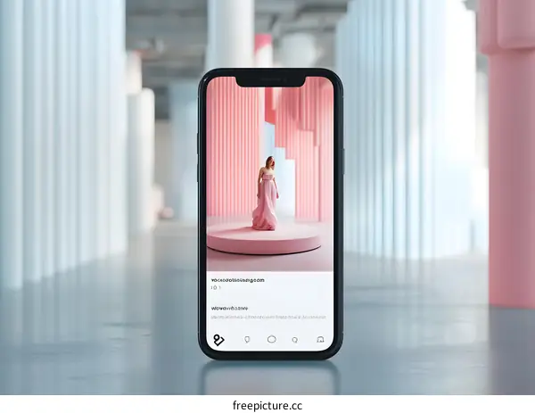 Woman in Pink Dress on Phone Screen
